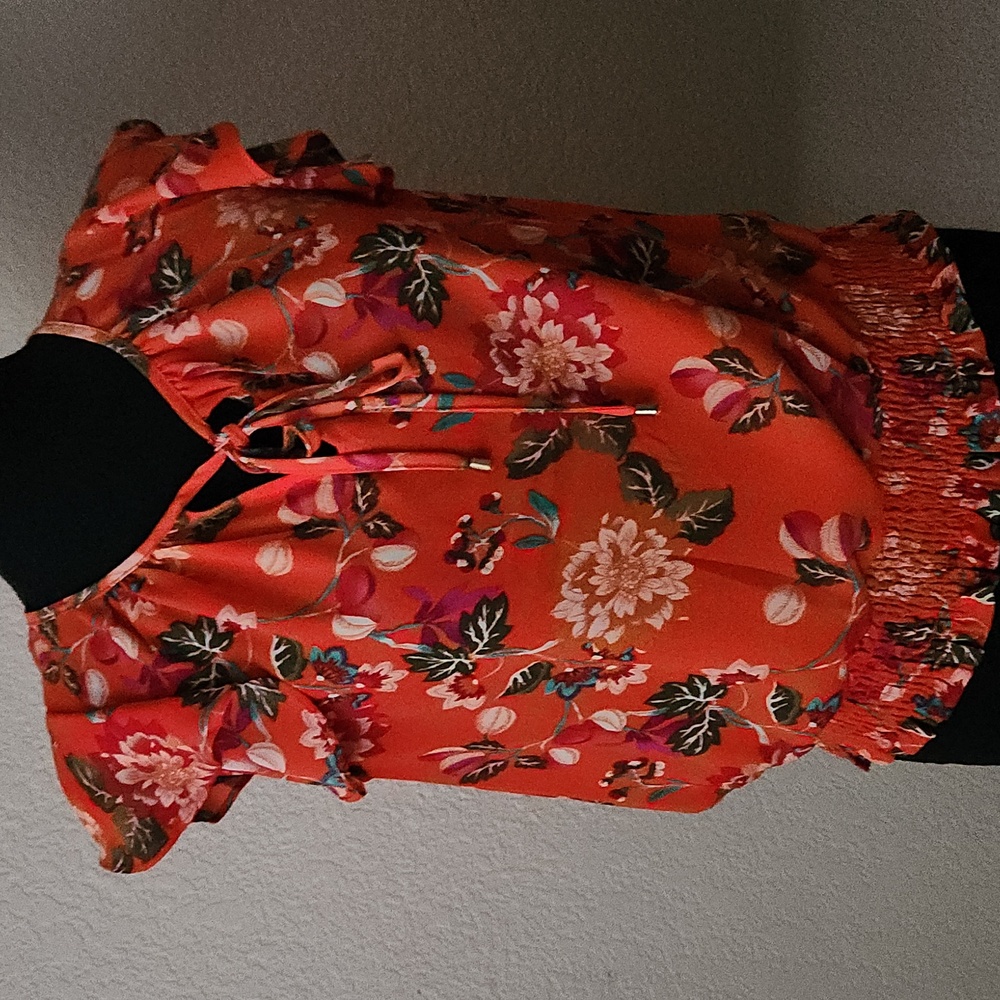 Rose & Olive Orange Flutter Sleeve Blouse with Ruffled Tie Front